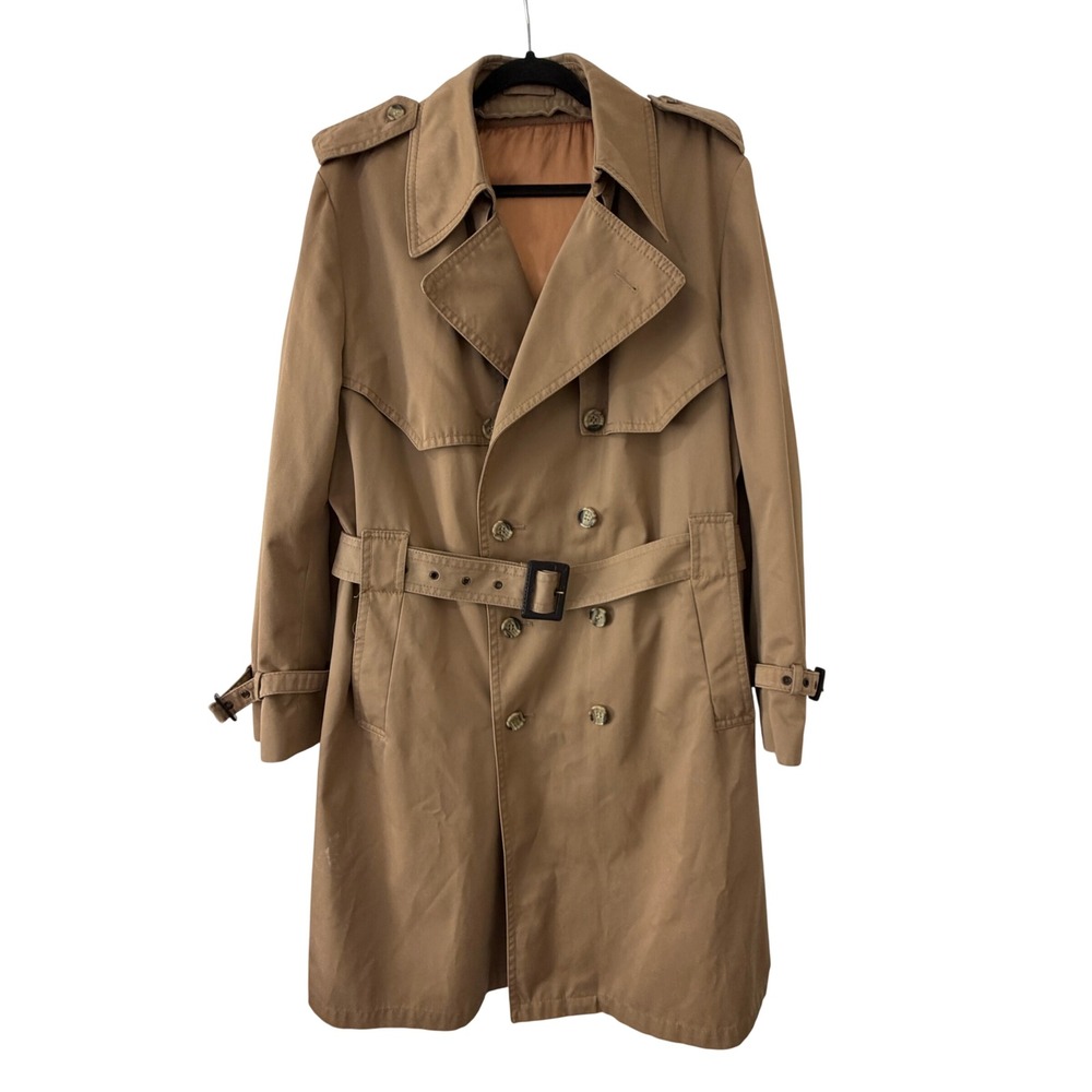 Vintage Double Breasted Trench Coat Zip Out Faux Fur Liner 46R Tan Belted